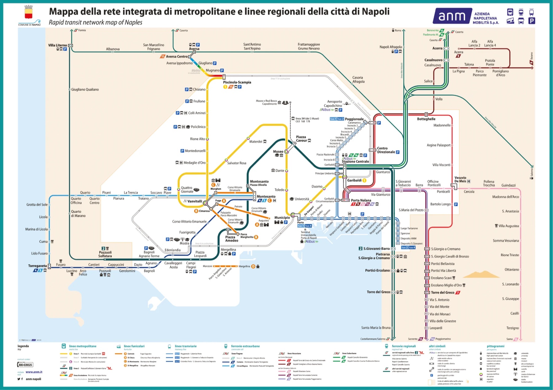 Official ANM map of the Naples metro, funicular, tram and regional rail network